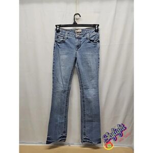 Lei Hipster Flare Womens Blue Embroidered Pockets Hip Denim Jeans Junior 29 X 32